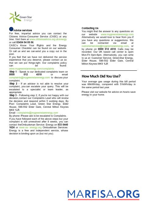 Blank UK Green Star Energy energy utility bill Word and PDF, formats 3, example